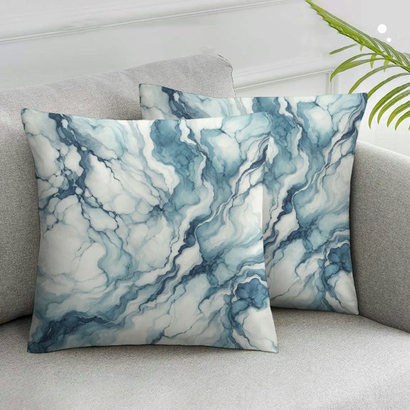 JRXY Marble Print Throw Pillow Cushion Cover, Soft Pastel Toned Abstract Wavy Pattern Ottoman Influences Image, Decorative Square Accent Pillow Case, Blue Grey,2 pcs White
