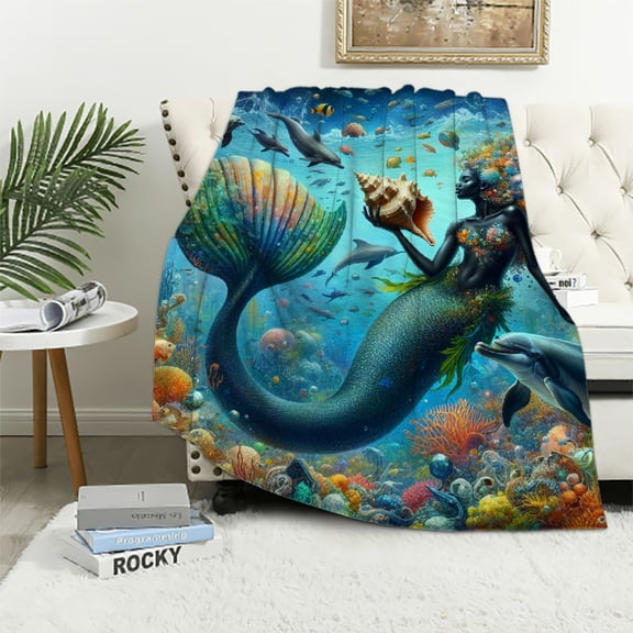 JRXY Mermaid and Dolphin Flannel Fleece Blanket White