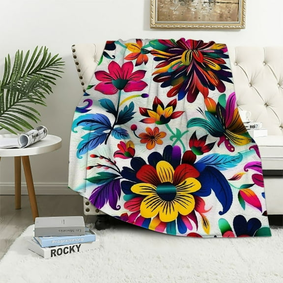 JRXY Mexican Style Throw Blanket Mexican Otomi Style Flower Boho Colorful Bird Flannel Throws Blanket for Couch, Bed, Chair, Traveling and Camping White