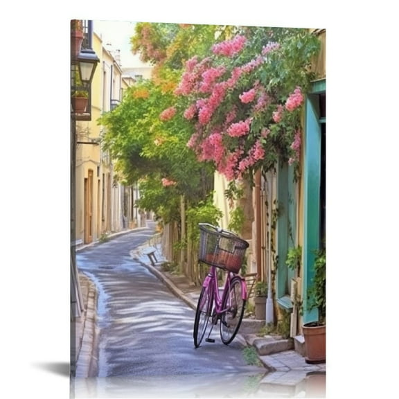JRXY Modern Canvas Painting Wall Art The Picture for Home Decoration Colorful Flowers Street Old Town Greek Island Greece Town Landscape Print On Canvas Giclee Artwork for Wall Decor 12x16 in