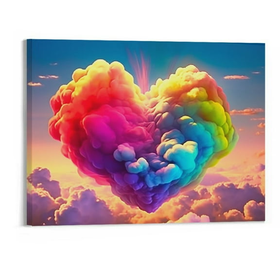 JRXY Modern Colorful Canvas Prints Colored Wall Art Picture of Rainbow Heart Cloud for Living Room Office Wall Decoration Framed Ready to Hang - 20x16 Inch 20x16in