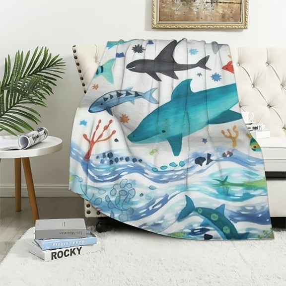 JRXY Modern Flannel Throw Blanket, Sharks, Humpback Whales, Orcas & Turtles Ocean Blankets for All Seasons, Quality Air Conditioning Blanket White