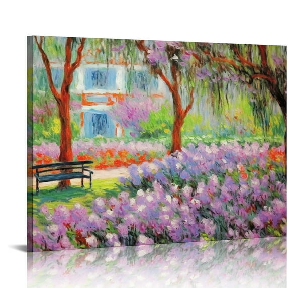 JRXY Monet Canvas Wall Art Print - The Artist's Garden at Giverny Poster - Oil Paintings Reproductions - Modern Home Decor Purple Flower Pictures for Living Room Bedroom 20x16 inch 20x16in