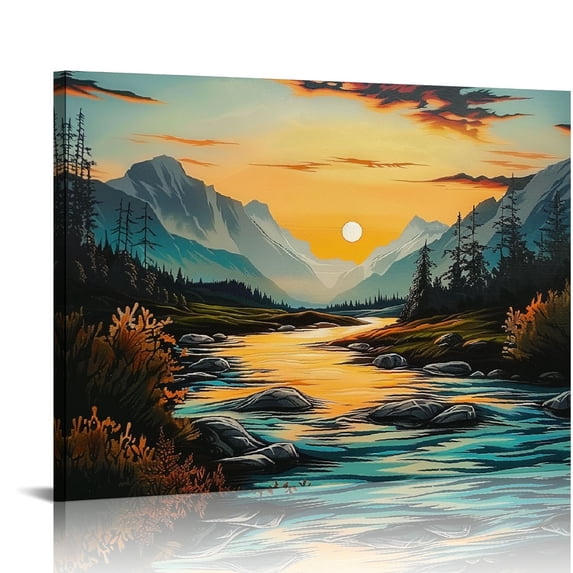 JRXY  Mountain Canvas Wall Art Colorful Forest Tree Prints Abstract Landscape Pictures Modern Artwork Home Decor Framed 20x16in