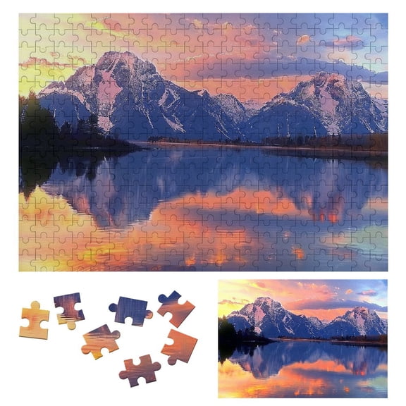 JRXY Mountain Range Sunset Pink Sky Wooden Jigsaw Puzzle Impossible Wooden Puzzles Gift for Family Friends 300 PCS