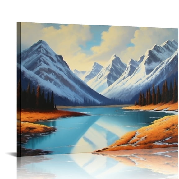 JRXY Mountain Wall Art Framed Snow Mountain and Lake Pictures Canvas Wall Art Home Decor 20x16 Inch 16x12in