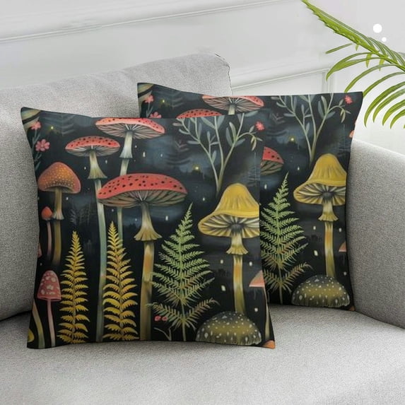 JRXY Mushroom Pillow Case Sets,Ployester Sofa Throw Pillow Cover,Retro Cartoon Style Plant Starry Sky Forest Colorful Mushrooms Pattern Square Couch Pillow Protector Cushion 2pcs White