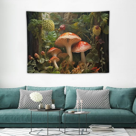 JRXY Mushroom Tapestry Colorful Butterfly Wall Hanging Moon and Star Black Tapestry for Bedroom Aesthetic Green Plant Botanical Living Room Decor 40x30in