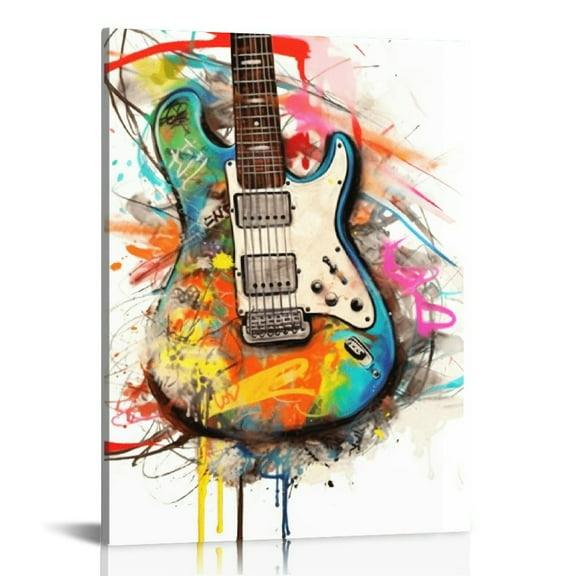 JRXY  Music Room Decor Graffiti Wall Art Guitar Painting Music Wall Art Framed Canvas Artwork for Walls  12x16 in
