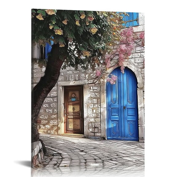 JRXY Natural City Street Canvas Wall Art: Framed Flower Town Prints Colorful Greece Island Scenery  Modern Travel Cityscape Picture Romantic Cobbled Road Artwork for Bedroom 12x16 in
