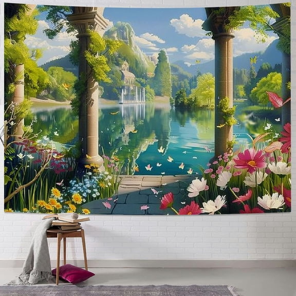 JRXY Natural Landscape Tapestry European Bridge Bottom Lake Mountain Landscape Tapestry Colorful flower Bridge View Hanging Wall Decoration Large for Living Room Bedroom GTDJRC0134 Painting