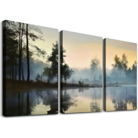 JRXY Nature Landscape Canvas Wall Art: Modern Lake Scenery Artwork Sunset Scene Print Scenic Wilderness Picture Painting for Living Room Bedroom Home Office Decor 12''x16''X3 Panels 12x16x3pcs