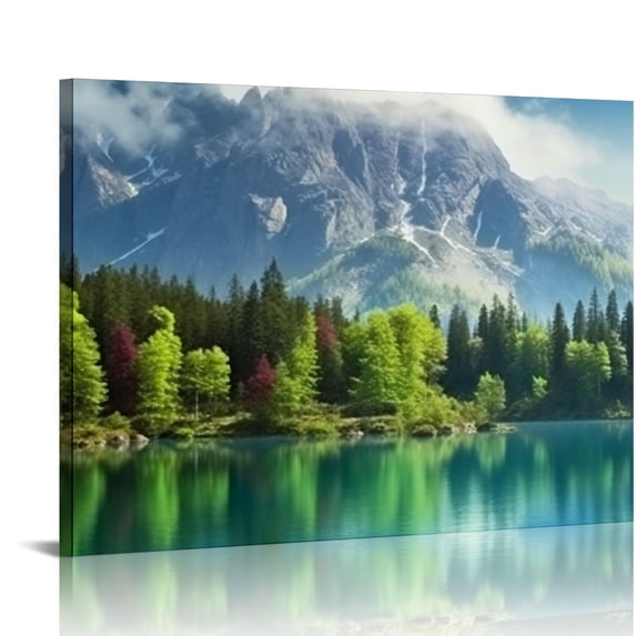 JRXY Nature Scenery Landscape Wall Art Decor Print on Canvas Modern Artwork Ready to Hang - Beautiful Turquoise Lake, Forest, Mountains Picture 16x12in