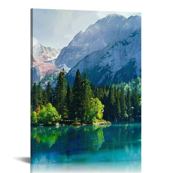 JRXY Nature Scenery Wall Art Decor Beautiful Landscape with Turquoise Lake Forest and Mountains Pictures Print on Canvas Modern Artwork Stretched Framed Ready to Hang 12x16 in