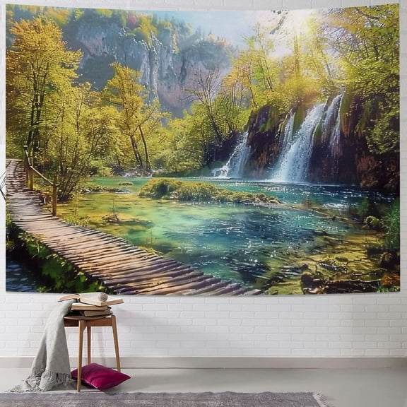 JRXY  Nature Tapestry, Idyllic Lake with Waterfall Flowing down the Hills in National Park Autumn Scenery, Wide Wall Hanging for Bedroom Living Room Dorm, Blue Green Painting
