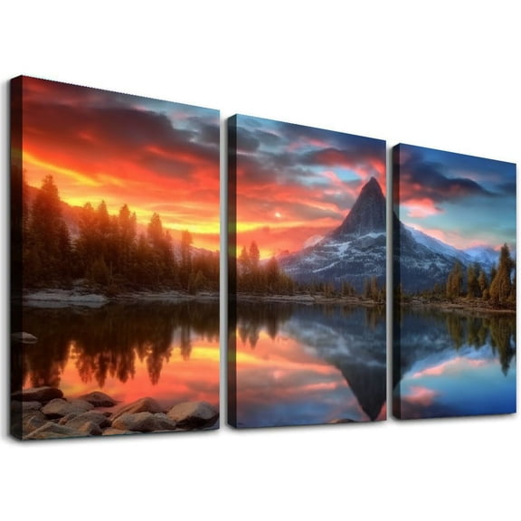JRXY Nature Wall Art Canvas Picture: Lake Scene Forest Tree Artwork Decor Panoramic Mountain Landscape Painting Clouds Sunset Scenery Print for Living Room Bedroom 12''x16''X3 Panels 12x16x3pcs