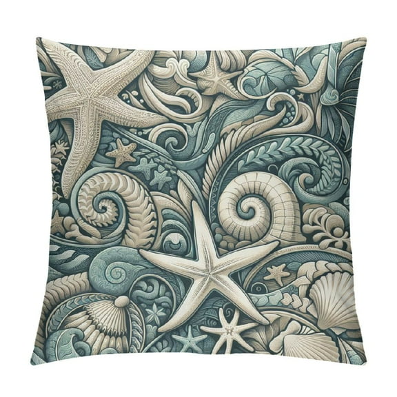 JRXY Nautical Coastal Pillow Covers, Beach Themed Ocean Throw Pillows Starfish Seashell Decorations Summer Pillowcase Outdoor Decor Farmhouse Cushion Case for Home Bedroom 12x12in