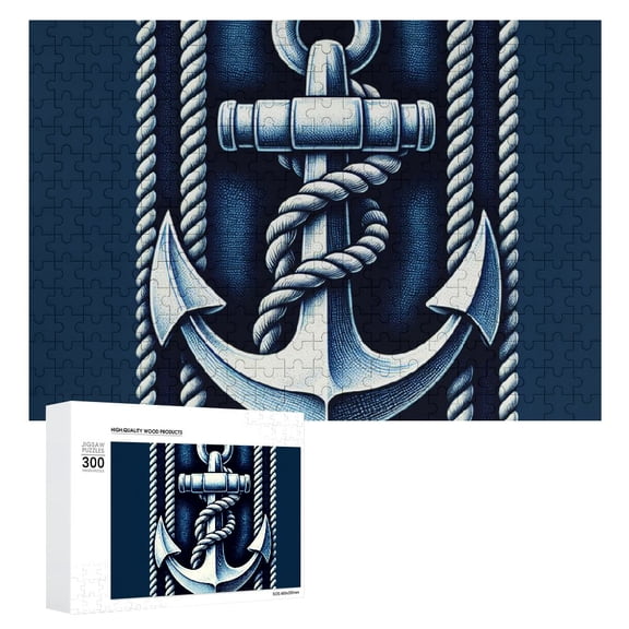 JRXY Nautical Sailing Navy Blue with Anchor Compass Pattern Rectangular Wooden Puzzle 300 PCS