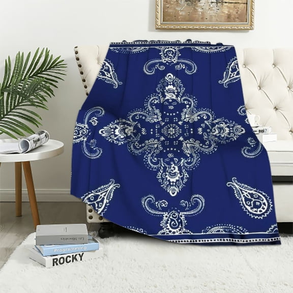 JRXY Navy Blue Bandana Paisley Print Flannel Blanket Throw Lightweight Soft Warm Bed Blanket for Couch Sofa Chair Living Bedroom All Seasons Use White