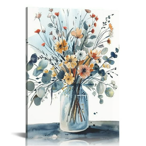 JRXY Navy Blue Flowers Canvas Wall Art Bedroom Wall Decor Minimalistic Bouquet Canvas Pictures Blossom Watercolor Artwork for Living Room Home Office Decoration Indigo Floral Canvas Prints 12x16 in