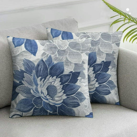 JRXY Navy Blue White Grey Pillow Covers Dahlia Floral Decor Throw Pillows Summer Modern Geometry Flower Outdoor Decorative Cushion Cases for Sofa Couch Bed Decorations,Set of 2 White