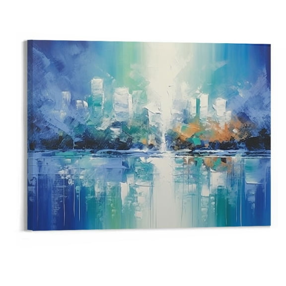 JRXY Navy Blue and Teal Abstract Hand Painted Oil Painting Artwork with 3D Effect Texture 20x16in