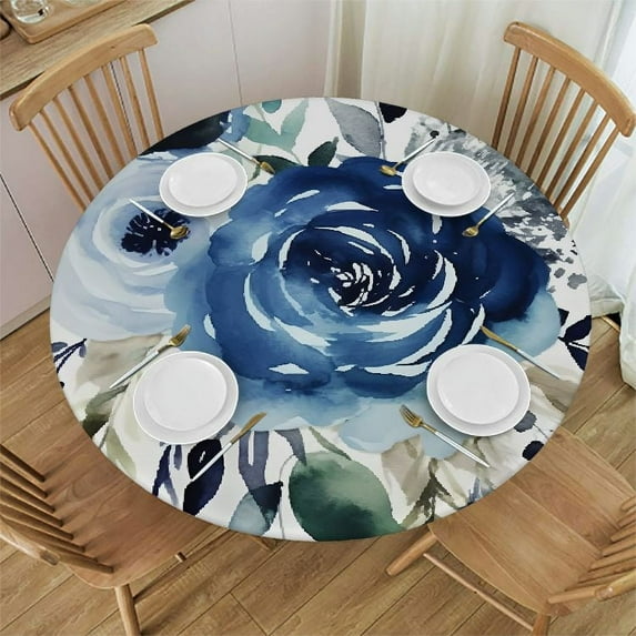 JRXY Navy Watercolor Flowers Boho Roses Round Tablecloth with Elastic Edge 100% Polyester Fiber White