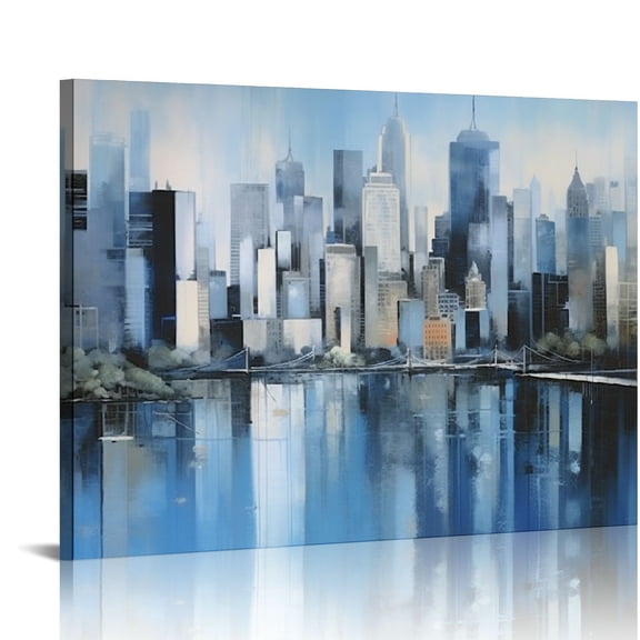JRXY New York Canvas Wall Art Brooklyn Bridge Skyline Navy Blue Grey Textured Painting Modern Abstract Cityscape Picture Framed Decor for Living Room Bedroom Office Home Extra Large Size 20x16in