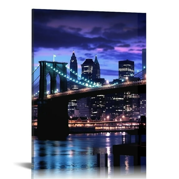 JRXY New York City Wall Art Canvas Black and White Blue Brooklyn Bridge Night Skyline Picture Photo Print Modern Cityscape Poster Painting for Home Office Living Room Decor 16x20 in