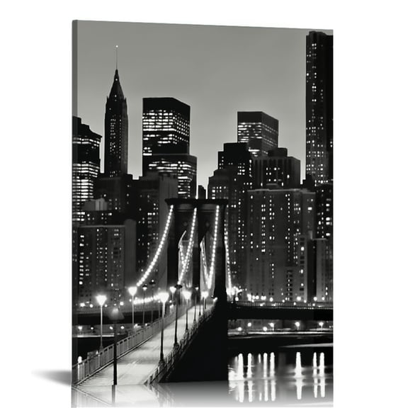 JRXY New York Skyline Wall Art Brooklyn Bridge Moon Night View Picture Canvas Print Black and White City Artwork Painting Modern Home Office Living Room Decoration 16x20 inch 16x20 in