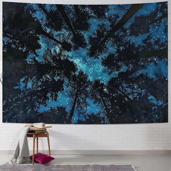 JRXY Night Sky Tapestry Wall Hanging Forest in Night Sky with Stars and Clouds Tapestry 40x60inch