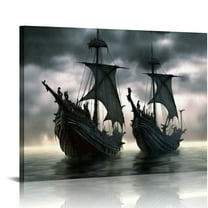 JRXY Norse Black and White Vikings Ship Fantasy Sailing Boat Poster Canvas Picture HD Print Artwork Home Living Room Bedroom Room Wall Art Background Decor (unframed,12x18inch) 20x16in