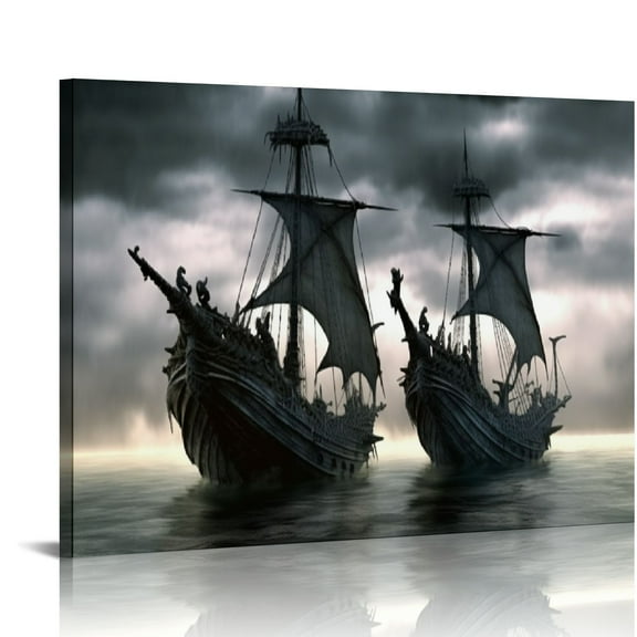 JRXY Norse Black and White Vikings Ship Fantasy Sailing Boat Poster Canvas Picture HD Print Artwork Home Living Room Bedroom Room Wall Art Background Decor (unframed,12x18inch) 16x12in