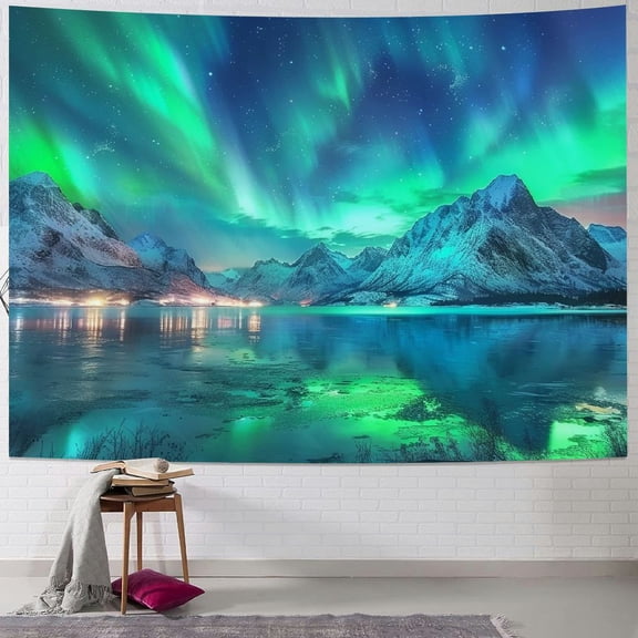 JRXY  Northern Tapestry Wall Hanging Aurora Borealis Tapestry Snow Mountains and Lake View Starry Night Norwegian Winter Tapestry Wall Decor for Living Room Bedroom Dorm Painting
