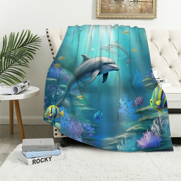 JRXY Ocean Animal Dolphins Blanket for Kids Teens Adults Soft Reversible Anti-Pilling Flannel Throw Blanket Gifts for Women Men Kids Adults (Kids) White