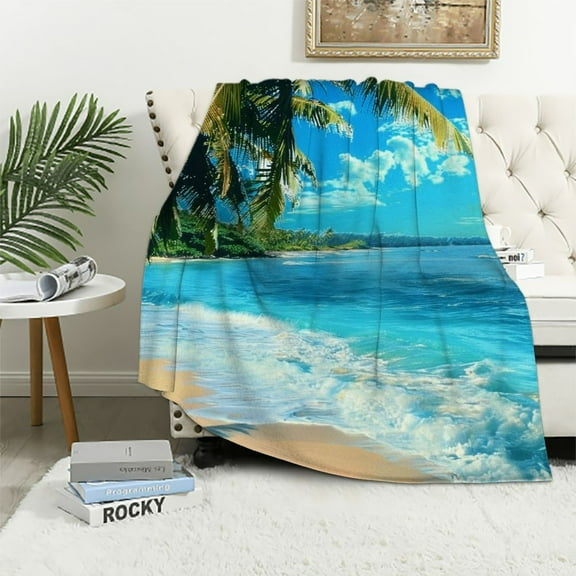 JRXY Ocean Beach Themed Throw Blanket Girls Women Hawaiian Tropical Palm Tree Sherpa Blanket for Bed Couch Adults Blue Sea Plush Blanket Summer Warm Fuzzy Blanket Soft and CozyTwin White