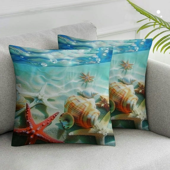 JRXY Ocean Beach Throw Pillow Cover for Sofa Bed Couch, Blue Beach Pillow Cover, Coastal Nature Theme Cushion Case for Sofa Bed, Seashell Ocean Wave Decorative Pillow Cover, Teal,2 Pcs White