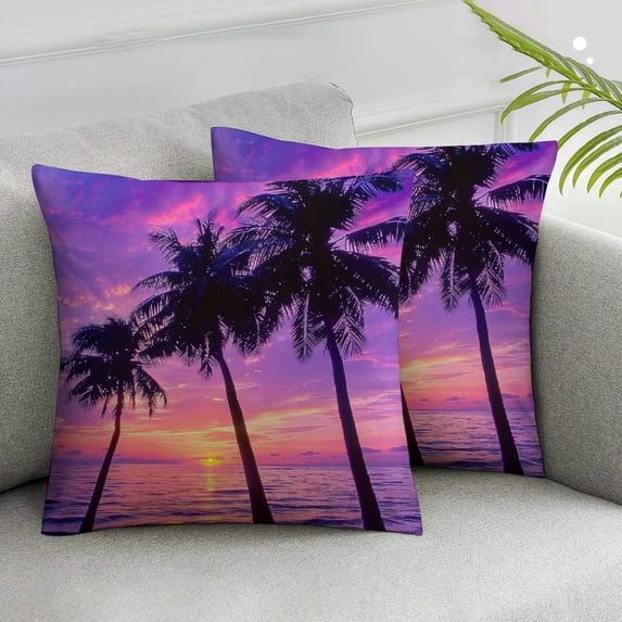 JRXY Ocean Sea Beach Throw Pillow Covers Sunset Palm Trees Square Pillow Cases Set of 2 for Decorative Cushion Bed Couch Sofa Purple White