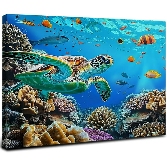 JRXY Ocean Sea Life Large Wall Art Living Room Sea Turtle Coral Fish Pictures Wall Decor Canvas Print Nautical Underwater Painting Modern Home Artwork Decoration for Bedroom Office Framed 20x16inch