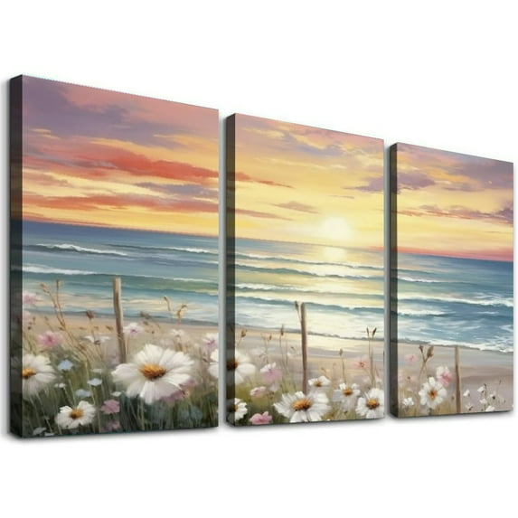 JRXY Ocean Sunset Canvas Wall Decor Ocean Theme Flower Canvas Wall Art Ocean Beach Sunrise With Blue Sky Beach Pictures Beach Decor for Wall Beach Art Wall Decor 12x16in x3 panel 12x16x3pcs