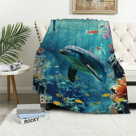 JRXY Ocean Swimming Dolphin Fish Blanket Underwater World Colorful Sea Life Throw Gifts for Kids Girls Boys Mom Women Men Dad Birthday Mother's Day Father's Day Soft Plush Throw White