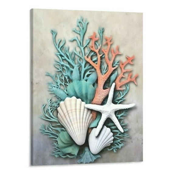 JRXY Ocean Theme Canvas Wall Art Coastal Shell Starfish Coral Conch Picture for Bathroom Kitchen Office Living Room Decor Stretched and Framed Ready to Hang 16x20 Inch Picture 1