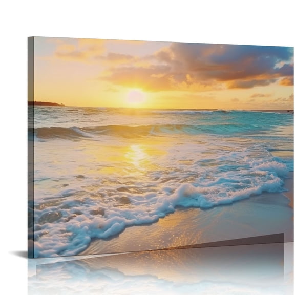 JRXY Ocean Wall Art Pictures for Living Room Beach Canvas Wall Art Decor for Bedroom Gold Sunset Canvas Painting for Wall Coastal Theme Art Print for Home Decoration Ready to Hang 20x16 inch Picture 2