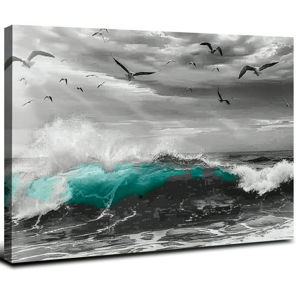 JRXY Ocean Waves Canvas Wall Art for Living Room Wall Decor Teal Blue Sea Beach Wave Wall Art Prints Artwork Sea Birds Canvas Pictures for Bedroom Home Office Wall Decorations Ready to Hang 16x12inch