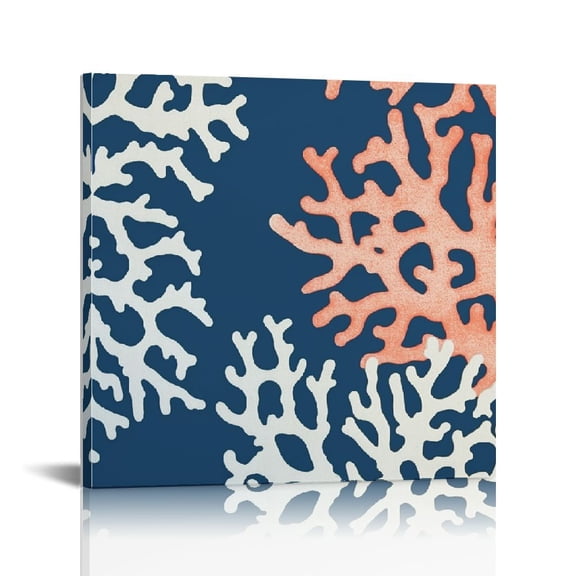 JRXY Oil Painting Canvas Wall Art Ocean Themed White Coral Navy,Picture Prints Artwork Stretched and Framed Marine Theme Sealife,Wall Decor Ready to Hang for Living Room 16x16 inch 12x12 in