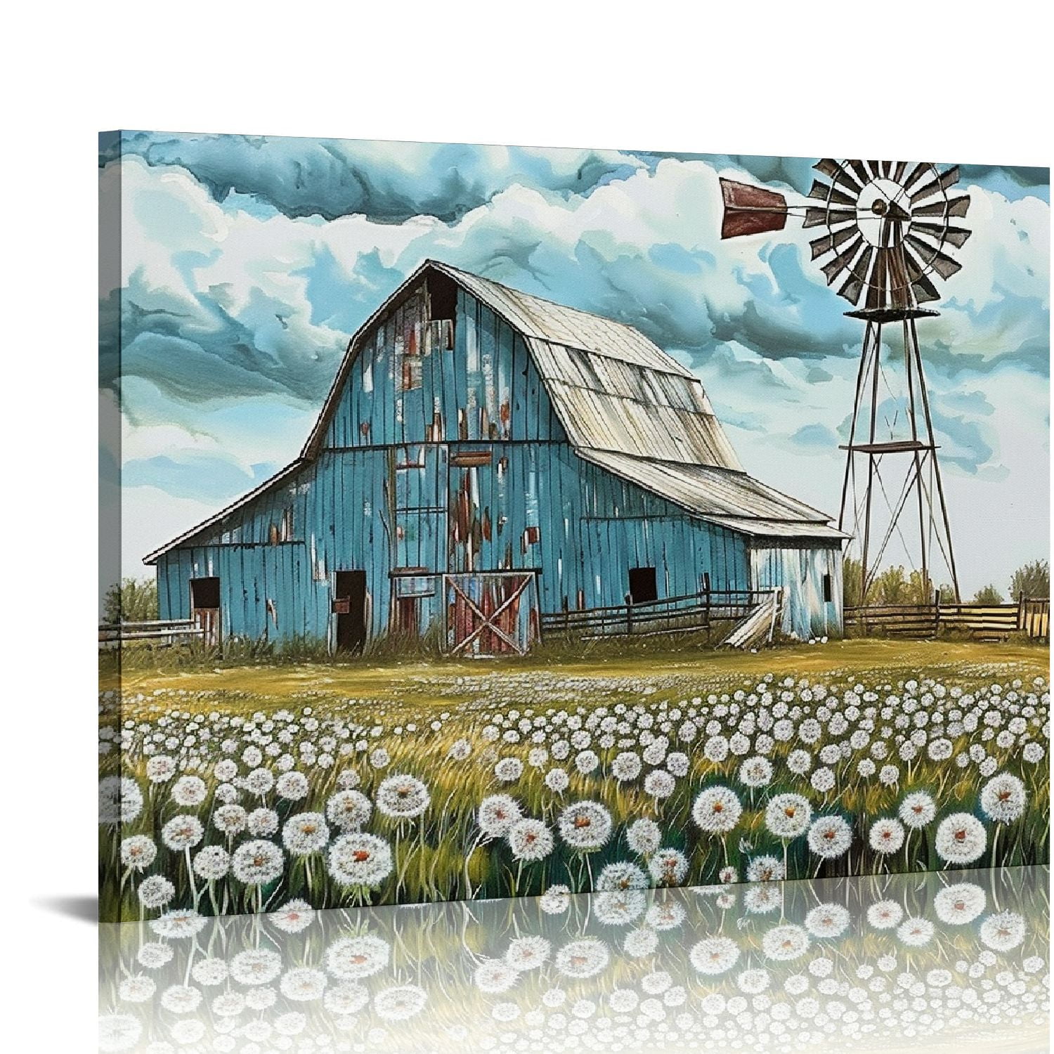 JRXY Old Barn Canvas Wall Art Farmhouse Windmill Pictures Country Blue ...