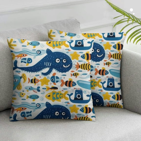 JRXY Pack of 2 Reversible Cotton Throw Pillow Covers, Ocean Theme Sea Creature Submarine Square Soft Cushion Case for Home Sofa Living Room Couch Bedroom Set for Car Chair White