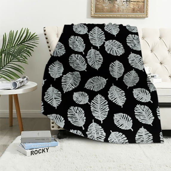 JRXY Palm Leaf Pattern Flannel Blanket Cozy Throws Soft Blankets for Wedding Birthday Valentines Halloween Couch Beding Picnic White