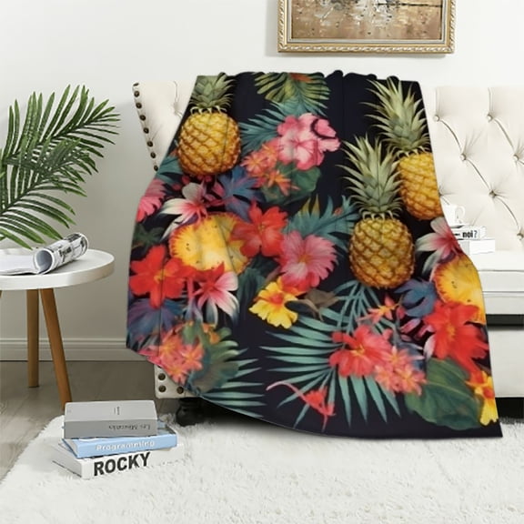 JRXY Palm Leaves Hibiscus Flowers Hawaii Throw Blanket Ultra Soft Warm All Season Tropical Pineapples Fruit Decorative Blankets for Bed Chair Car Sofa Couch Bedroom White