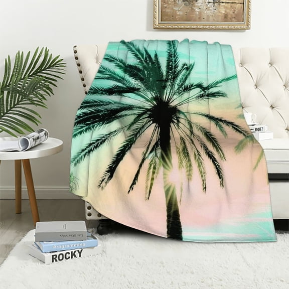 JRXY  Palm Tree Print Sherpa Blanket Hawaiian Tropical Island Throw Blanket Botanical Branches Plush Fuzzy Blanket for Sofa Bed Couch White